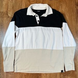 Mens RSQ Tri Color Block Rugby Shirt Size Small Black White Tan Bloke Norm Core